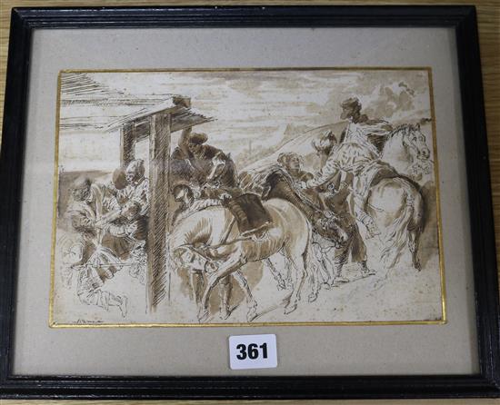 After Veronese, ink and wash, figures on horseback, bears signature, 18 x 26cm